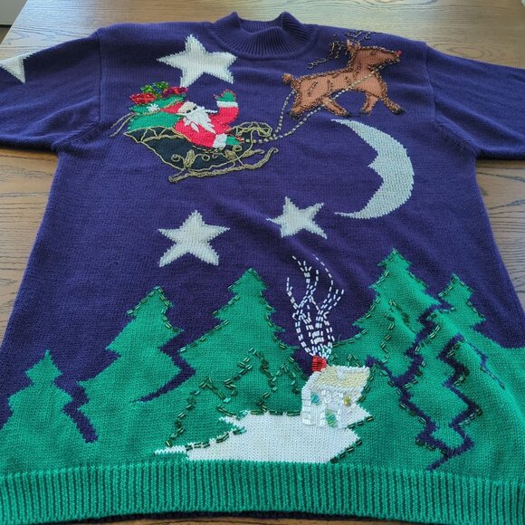 Vintage IB Diffusion Sport Christmas Purple Sweater L Santa Claus Beaded 90s - Picture 12 of 16